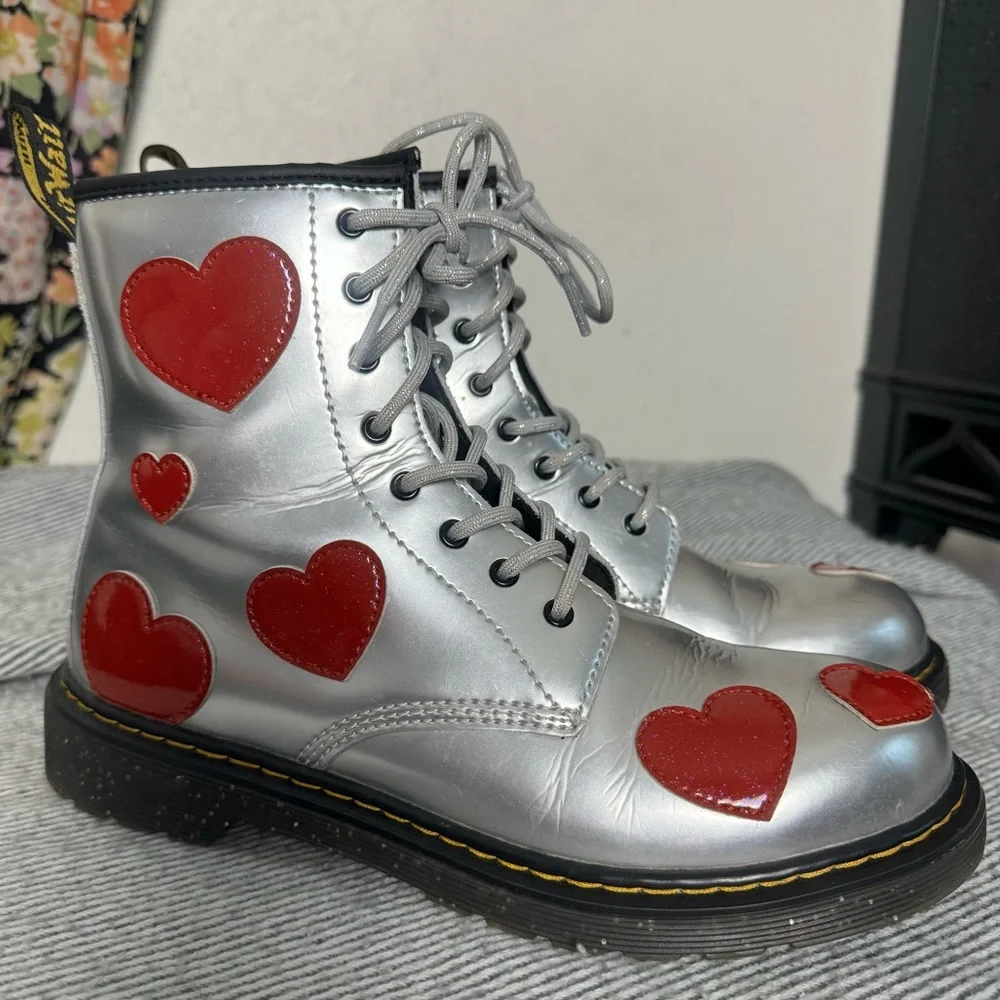 Dr. Martens Silver Combat Boots with Red Heart Accents - Picture 2 of 6